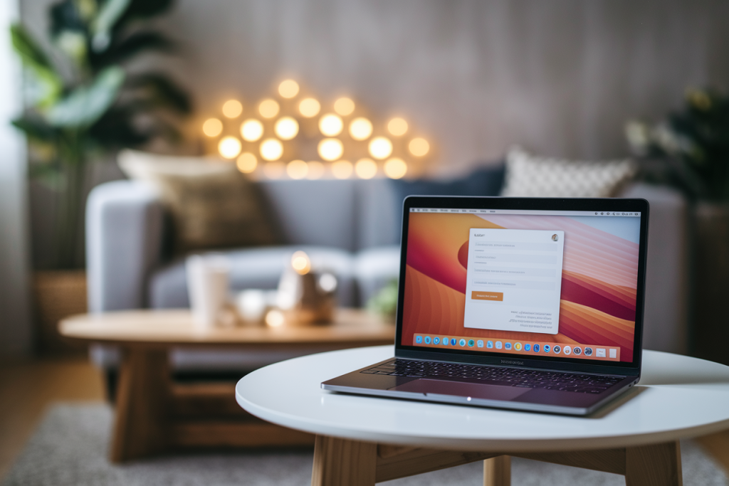 ordinateur-portable-table-bois-salon-flou