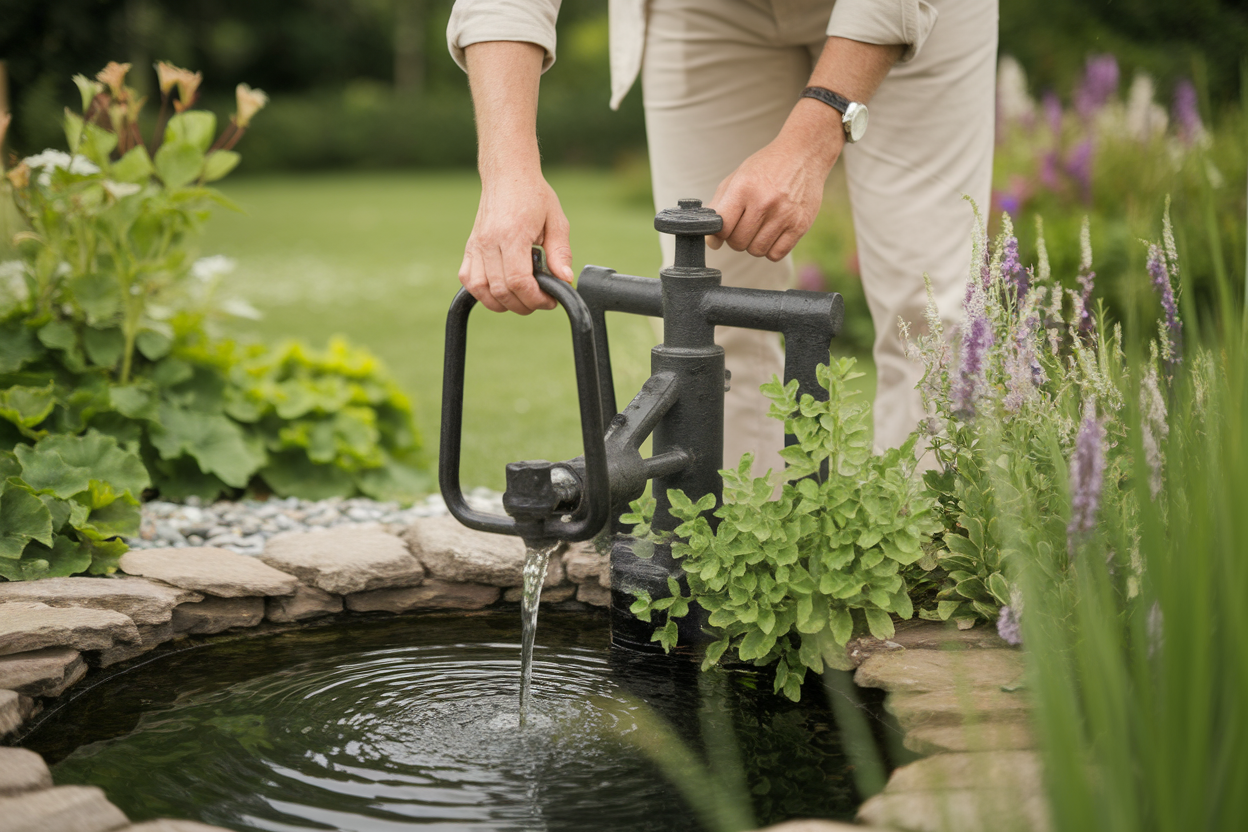 personne-pompe-manuelle-jardin-etang
