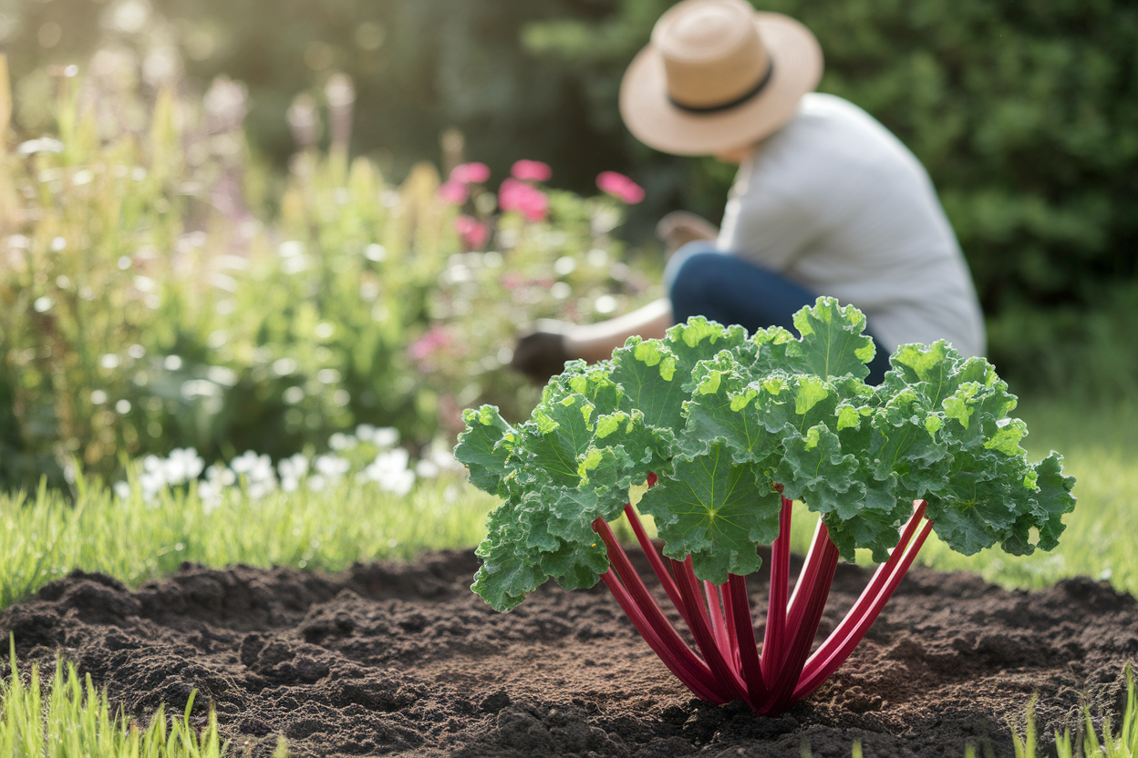 jardinier-chapeau-paille-rhubarbe-jardin