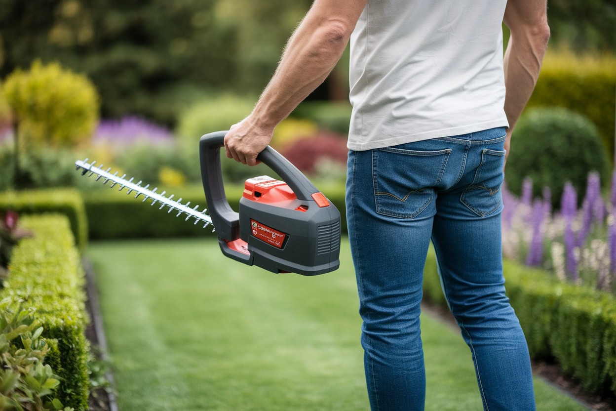 jardinier-dos-debroussailleuse-jardin-fleuri
