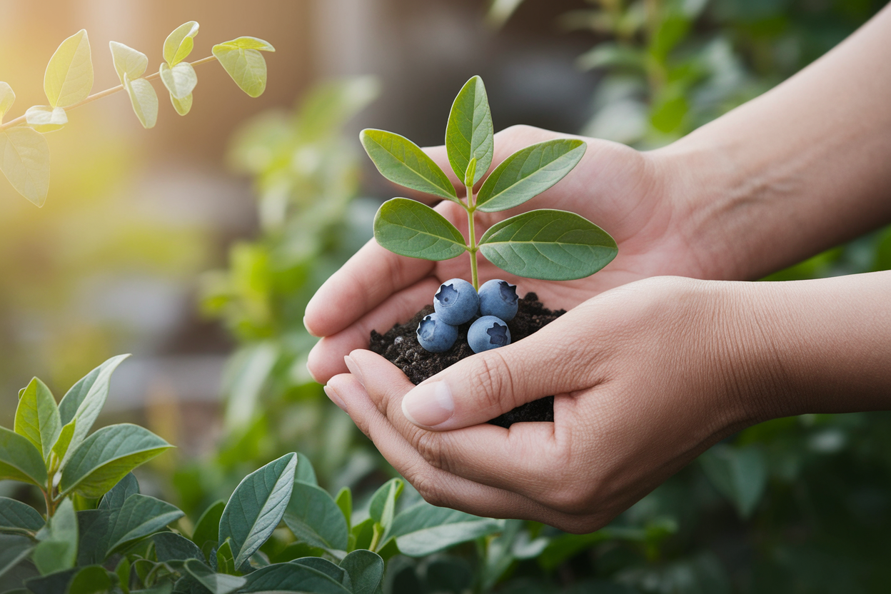 mains-bouture-myrtille-feuilles-jardin