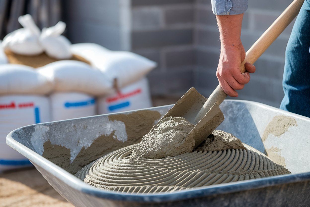 ouvrier-brouette-mortier-pelle-chantier
