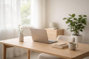bureau-minimaliste-table-bois-plante