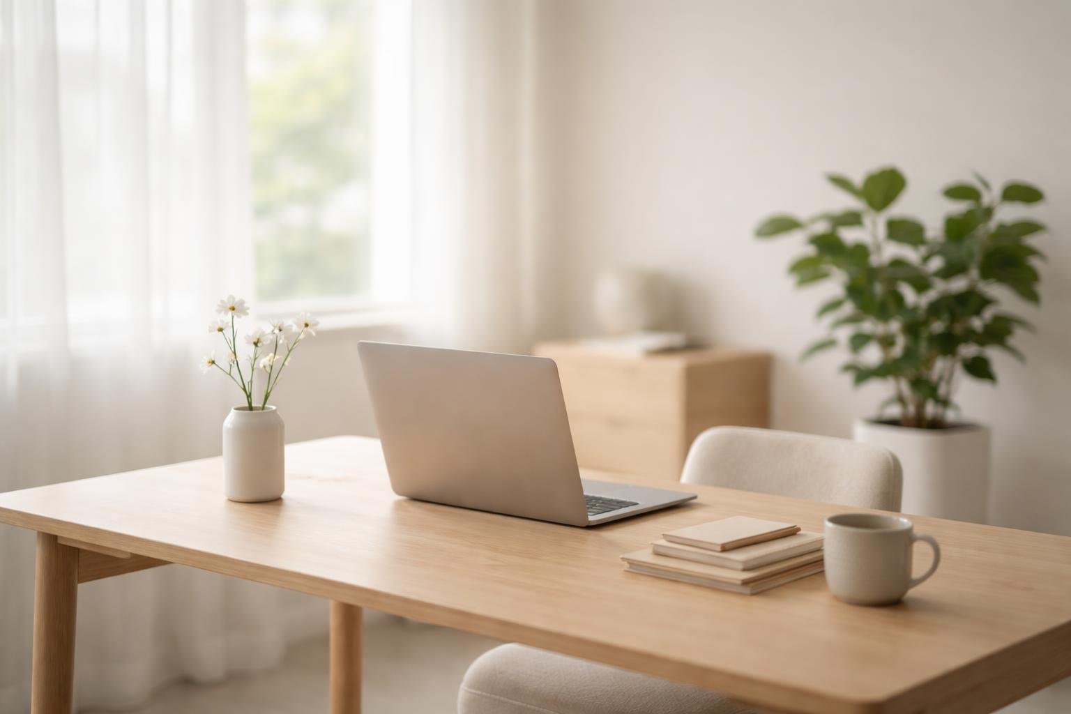 bureau-minimaliste-table-bois-plante