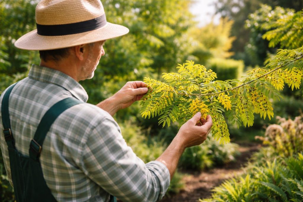 jardinier-feuilles-mimosa-jardin-luxuriant