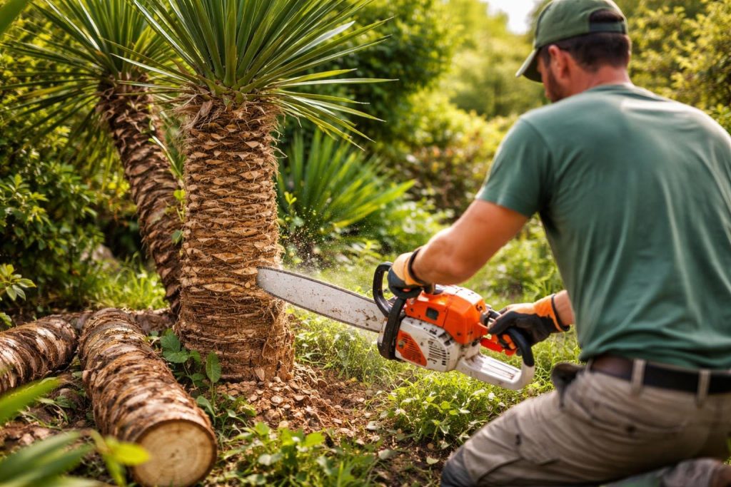 jardinier-tronc-yucca-outils-feuillage