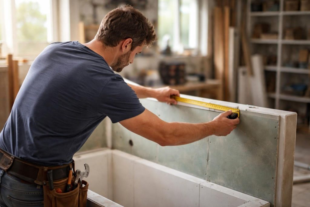 bricoleur-mesurant-cloison-douche-atelier