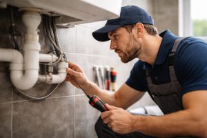 plombier-verifiant-tuyaux-salle-bain