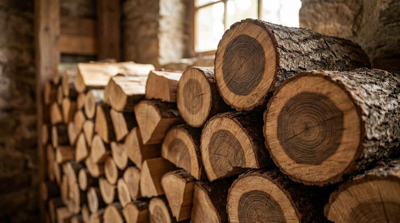 bûches de bois de chauffage chêne hêtre et charme empilées dans un espace de stockage intérieur